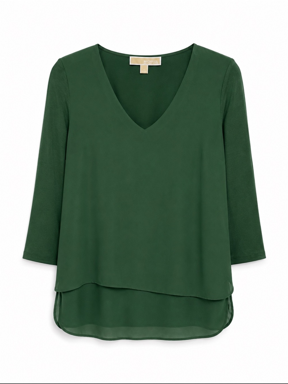 Michael Kors Emerald Green Layered V-Neck Tunic Layered Hem Blouse Top Large - Picture 3 of 7